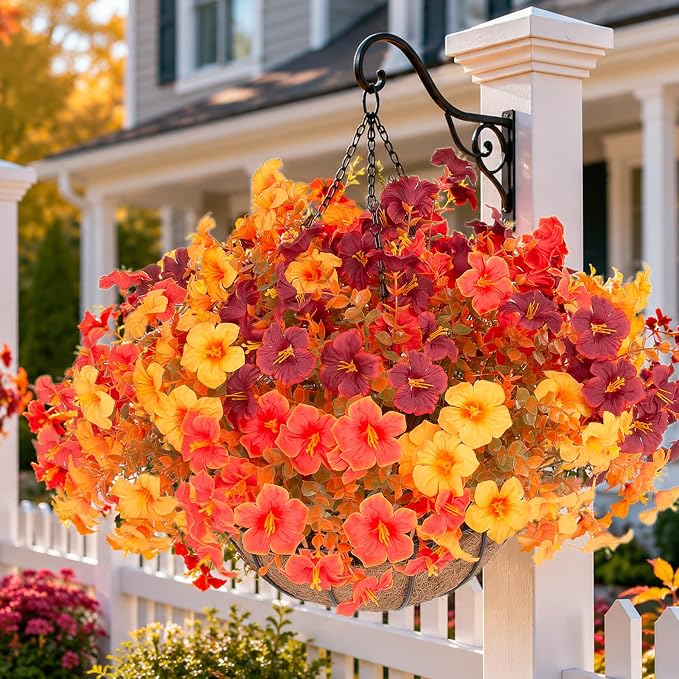 Daynight 2 Set Artificial Outdoor Fall Flowers with Hanging Baskets, 24 Pcs Faux Petunias Flowers with Hanging Planter for Outside Porch Yard Garden Autumn Decor (2, Orange)