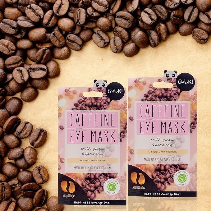 Oh K! Eye Mask - Caffeine - Hydrating Under Eye Patches for Dark Circles - Hydrogel Mask with Yuzu, Ginseng - Undereye Patches for Puffiness - 1 Pair (Pack of 2)