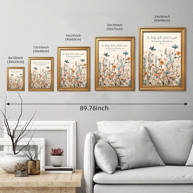 Framed Christian Scripture Wall Art Painting Give Thanks to the Lord Psalm 1361 Floral Print Inspirational Bible Verse Picture Poster Wildflower Faith Decor Canvas Artwork for Home Office 8x10inch