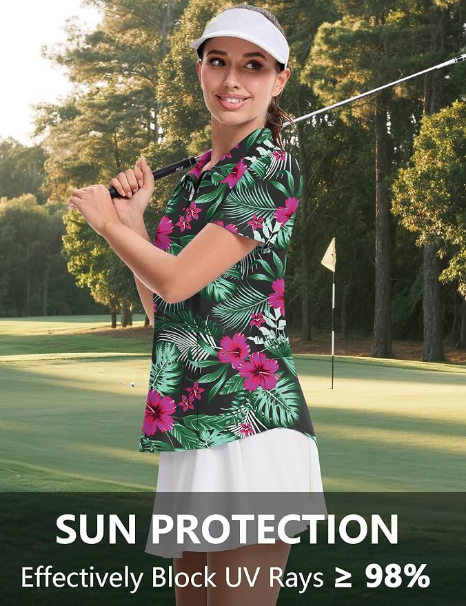 LOMON Womens Golf Polo Shirt Summer Short Sleeve Quarter Zip Outfit | Side-Pockets,Princess Seams,Cotton,Wrinkle Free,Moisture Wicking,Quick-Dry,Lightweight,Collared,for Tennis Workout