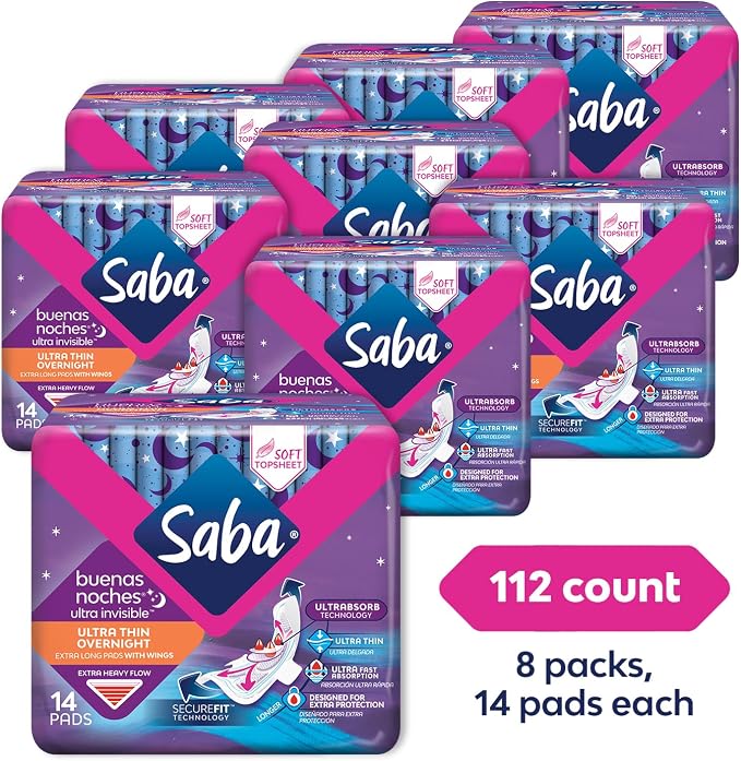 SABA Ultra Invisible Ultra Thin Overnight Pads with Wings, Overnight Heavy Absorbency, 8-Pack of 14 Pads (112 Count)