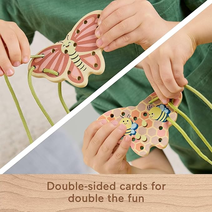 Fisher-Price Wood Preschool Toy Lacing Activity Cards, Tiny Garden 10-Piece Set for Fine Motor Skill Development Kids Ages 3+ Years