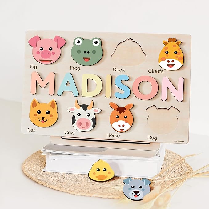 | Personalized Name Puzzle Set | Includes Wooden Puzzle, Optional Engraved Message, Stand & Premium Gift Package | Handmade, Educational Baby Gift (Ages 0–3)