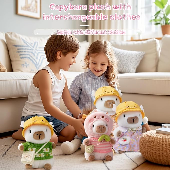 10.2" White Capybara Plush with 9 Pcs of Clothing and Accessories Super Soft Capybara Stuffed Animal Capybara Plush Toy is Suitable for Kids, Girls and Boys