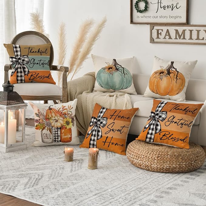 AVOIN colorlife Fall Pumpkin Home Sweet Home Throw Pillow Covers, 16 x 16 Inch Autumn Thankful Grateful Blessed Harvest Floral Orange Decorations for Sofa Couch Set of 4
