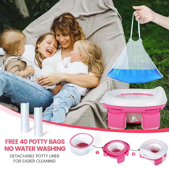 Orzbow Portable Potty Training Toilet, Travel Potty Seat for Toddler Boys Girls with Splash Guard, Potty Training Essentials, Foldable, Includes Free Travel Bag and 40 Liners, Indoor/Outdoor Use, Pink