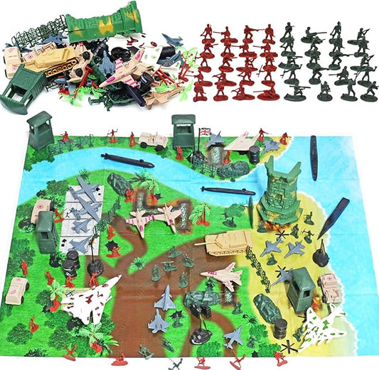 Army Men Playset Toy for Boys with Battle Mat, 308Pcs Military Toys Soldiers, Plastic Army Men Action Figures and Military Weapons, Guns Toys for Age Boys 4 8 12