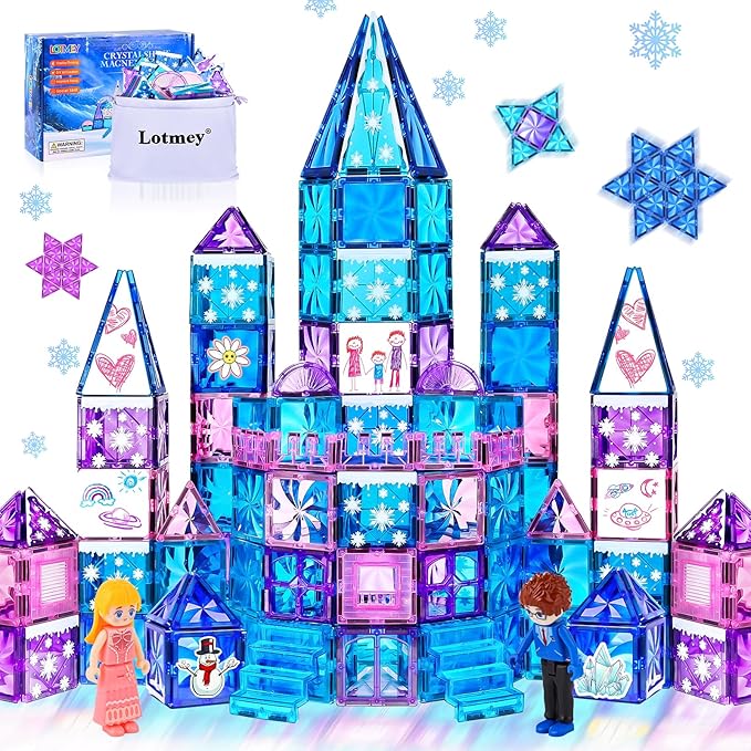 145pcs Diamond Magnetic Tiles Set with Magnetic Doodle Kit, 3D Blocks Magnet Toys for Girls 3 4-7,8-12, Educational Stem Toys Include Stairs Dolls Decals Stickers,3 4 5 6 7 8+ Girls Gift