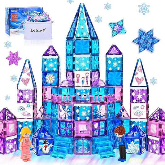 145pcs Diamond Magnetic Tiles Set with Magnetic Doodle Kit, 3D Blocks Magnet Toys for Girls 3 4-7,8-12, Educational Stem Toys Include Stairs Dolls Decals Stickers,3 4 5 6 7 8+ Girls Gift