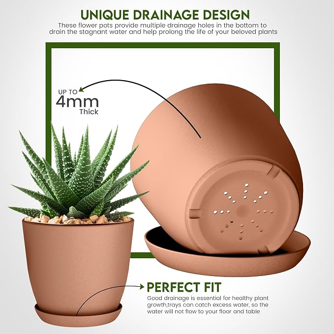 Plant Pots Indoor with Drainage, 5 Pack Multi-Size Planters Set, Terracotta | Drainage holes included Multiple sizes 7/6.6/6/5.3/4.8 In Indoor plants and flowers Durable plastic construction