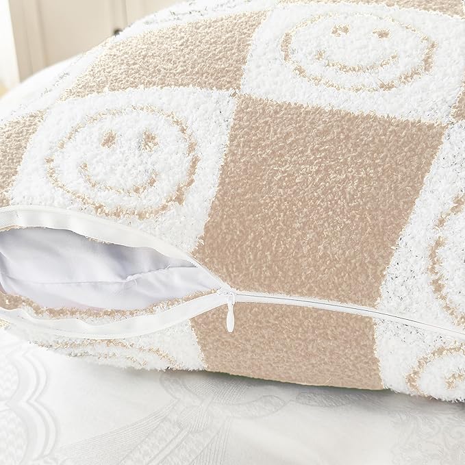 Pack of 2 Ultra Soft Cozy Happy Smiling Face Checkered Knitted Throw Pillow Cover Fluffy Microfiber pillocase Decorative for Sofa Bed 18 Inches Both Sides (Cream)