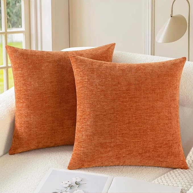 CaliTime Fall Decorative Throw Pillow Covers 20 X 20 Inches Burnt Orange | Pack of 2, Cozy Chenille Cushion Cases for Sofa Bed Living Room Farmhouse Home