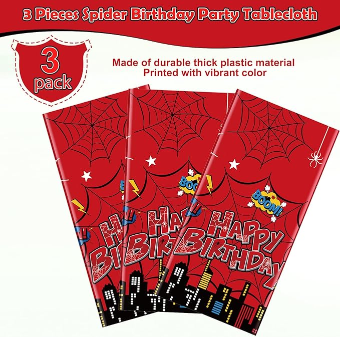 3Pcs Spider Birthday Party Tablecloth Decorations, Disposable Plastic Cartoon Spider Tablecloths Red Hero Table Cover for Rectangle Table Boy’s Birthday Party Supplies, 54x108 inches