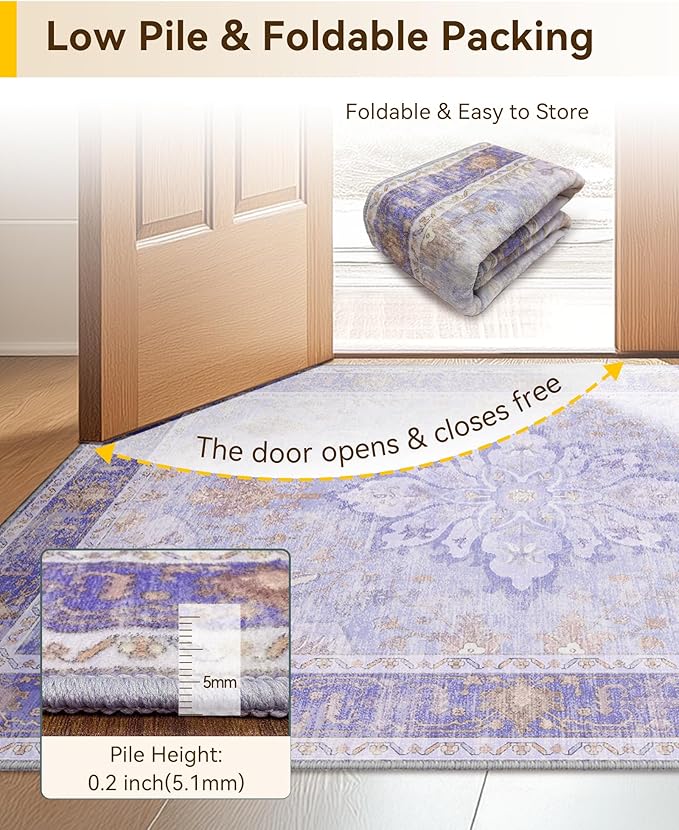 RELEANY Area Rugs Small 2'x3' Washable Non-Slip, Floral Vintage Distress Medallion Carpet for Kitchen Entryway Bathroom, Light Purple Brown