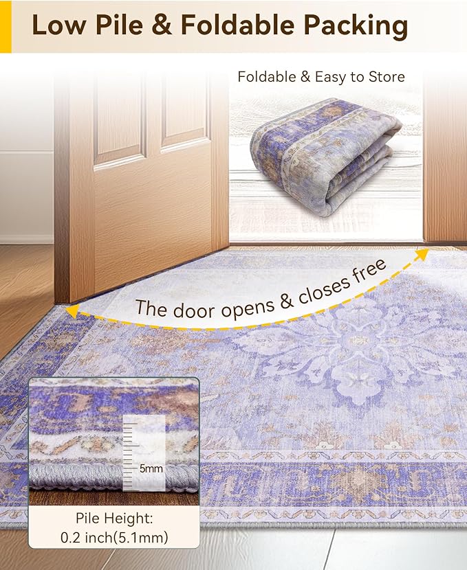 RELEANY Area Rugs Runner 2'x10' Washable Non-Slip, Floral Vintage Distress Medallion Carpet for Kitchen Hallway Bedroom Beside Laundry Room Bathroom, Light Purple Brown