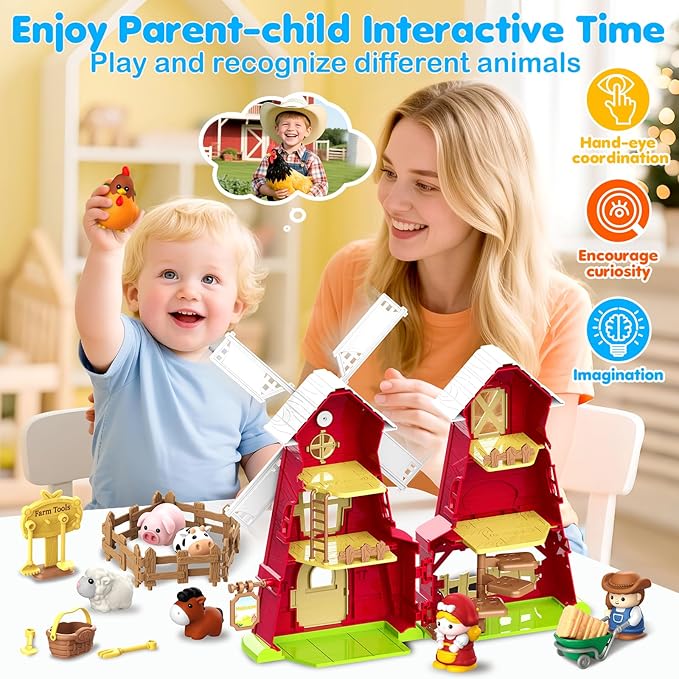 Farm Animals Barn Toys for 1 2 3 Year Old, Montessori Learning Toy for Toddlers, Farm Playset with Animal Figures and Accessories, Christmas Birthday Gift for Boys Girls Baby 12-18 Months