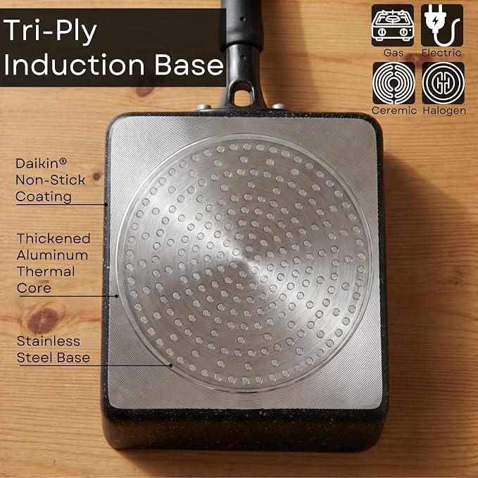 HAPPI STUDIO Tamagoyaki Pan - Japanese Egg Pan with Lid, Square 7x6 Inch | Japanese Omelette Pan For Rolled Omelets - Nonstick Tamago & Square Frying Pan, Induction Ready, Heat-resistant Handle