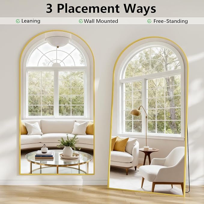 Oversized Full Length Mirror, 38"x77" Large Arched Floor Mirror Full Length with Stand, Room Decor Big Full Body Mirror with HD Tempered Glass Aluminum Frame for Bedroom Living Room, Gold
