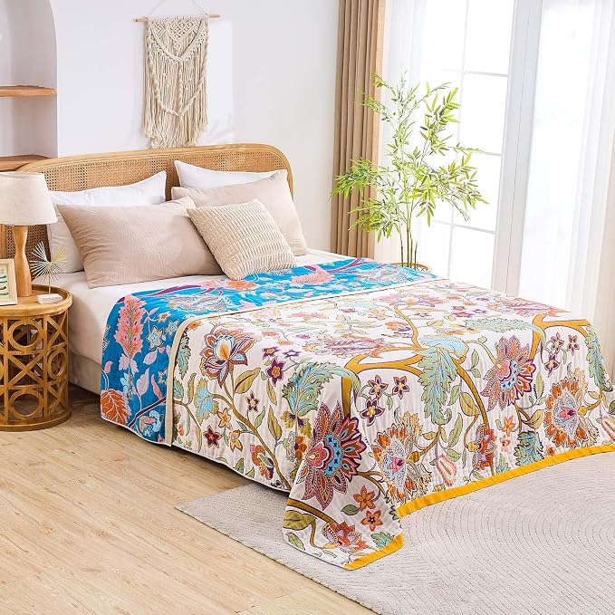 XIBLC Boho Throw Blanket for Bed, 100% Cotton Soft Rustic Quilt Fall Blanket, 60"x80" Floral Printed Farmhouse Decor Bed Blankets, All Season Rustic Reversible Bohemian Throw Quilt