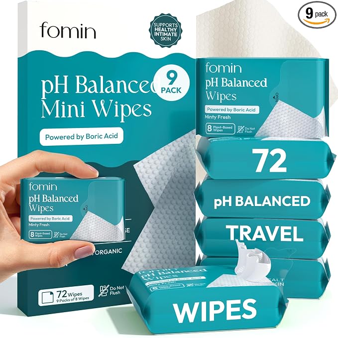 FOMIN pH Balanced Feminine Wipes for Women - 9 Pack (72 Wipes) - Aloe Vera Intimate Cleansing Wipes for Sensitive Skin - Individual Packets -Travel Essentials & Gifts for Women & Teen Girls