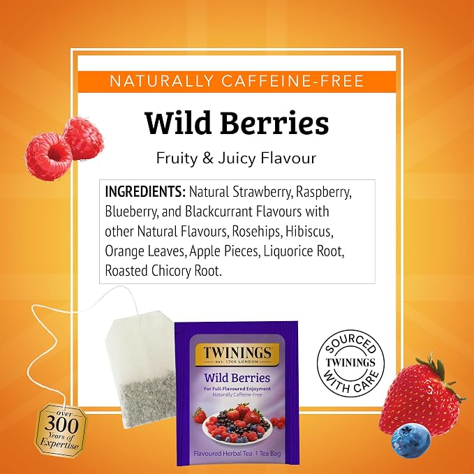 Twinings Wild Berries Herbal Tea Individually Wrapped Bags, 20 Count (Pack of 1), Full-Flavoured, Naturally Caffeine-Free, Enjoy Hot or Iced, 20 Teabags