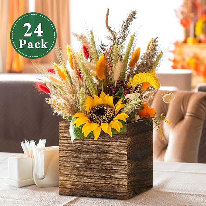 24 Set Wood Cube Planter Box Square Wood Vase Rustic Cube Planter Box with Removable Plastic Liner Floral Foam Blocks for Centerpieces Home Wedding Garden Decor, Country Style (Brown)