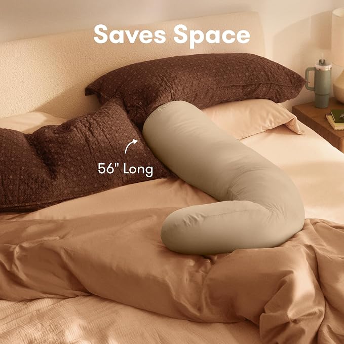 Frida Mom Compact Support 4-in-1 Pregnancy Pillow, Cooling Pregnancy Pillow, Twist & Bends into 4 Shapes for Comfort & Full Body Support, Compact Storage, Easy to Clean, Breathable, Storage Bag, Taupe