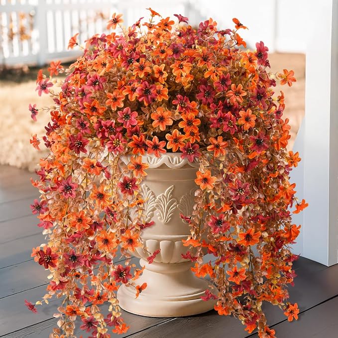 INQCMY Artificial Fake Hanging Flowers Plants for Outdoor Fall Decoration | 2PCS Faux Silk Daisy with Eucalyptus Leaves,UV Resistant Look Real for Outside Home Planter Porch Patio Yard Autumn Decor