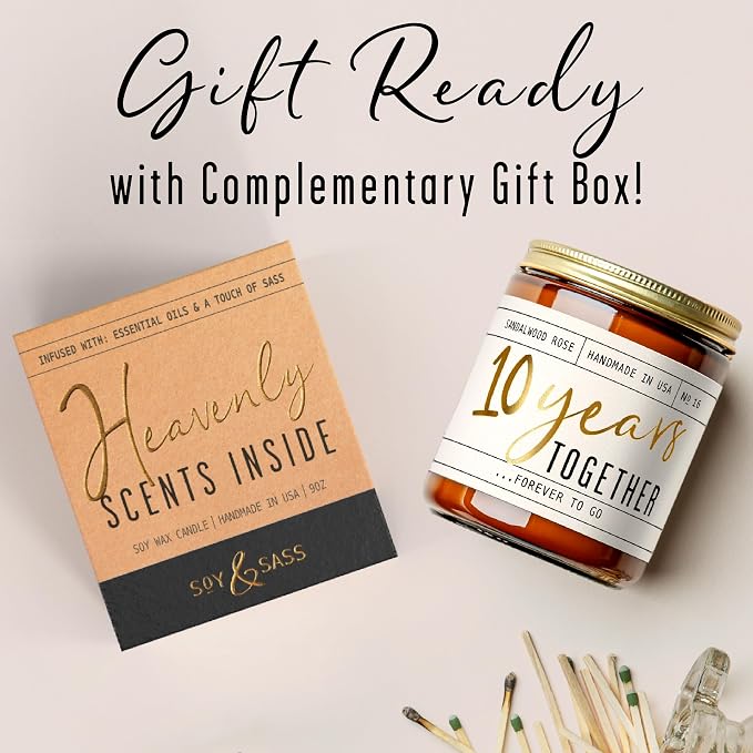 10 Year Gift for Anniversary for Wife - '10 Years Later' Soy Candle, w/Sandalwood Rose - Infused w/Essential Oils I 10th Anniversary Wedding Gift for Wife I 50Hr Burn I USA Made