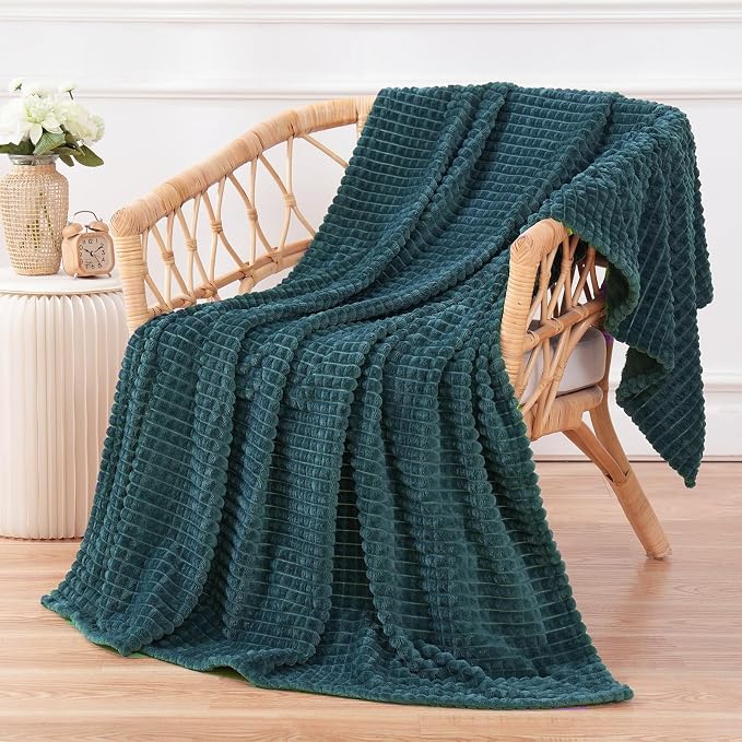 Puncuntex Fleece Throw Blanket Dusty Blue 50"×60" with Square Grid Design | Super Soft Plush Cozy Flannel Throw Blanket Luxury for Couch Sofa Chair