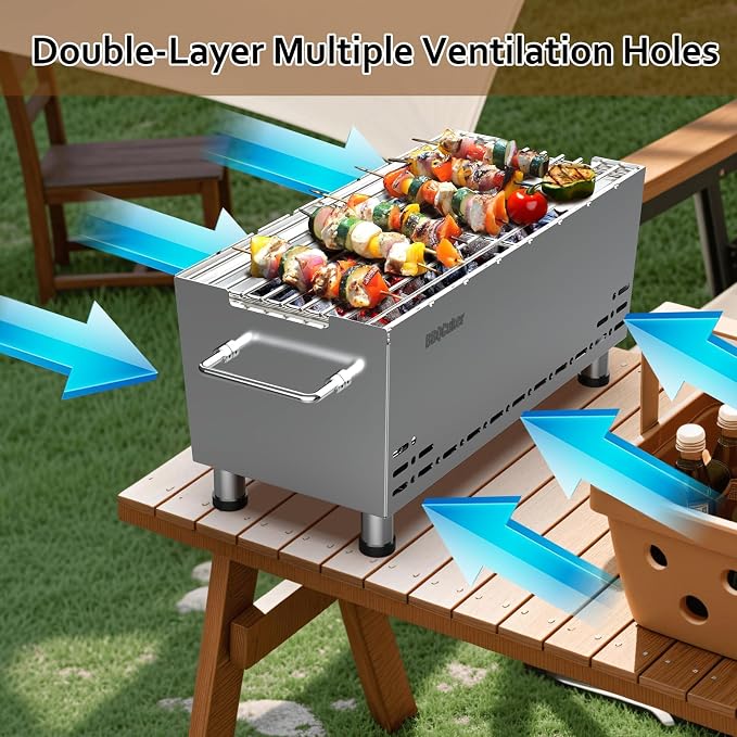 BBQCuker Portable Charcoal Grill,Heavy-Duty Stainless Steel Small BBQ Grill with Double-Layer Insulation Design,170 Sq. In. cooking Area,Tabletop Grill with Travel Bag for Outdoor Camping and Picnic