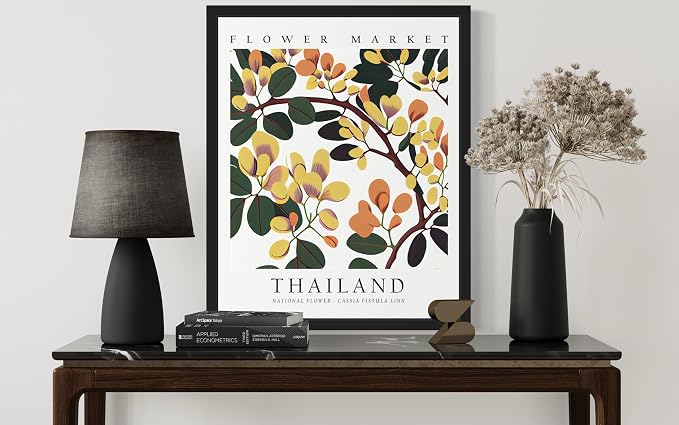 Thailand, Cassia Fistula Linn Art Print Poster, Flower Market Wall Art, Floral Artwork Decor for Bedroom, Kitchen, Bathroom, Livingroom Decoration 52 (Thailand, Cassia Fistula Linn, 20"L x 16"W, Black Frame)