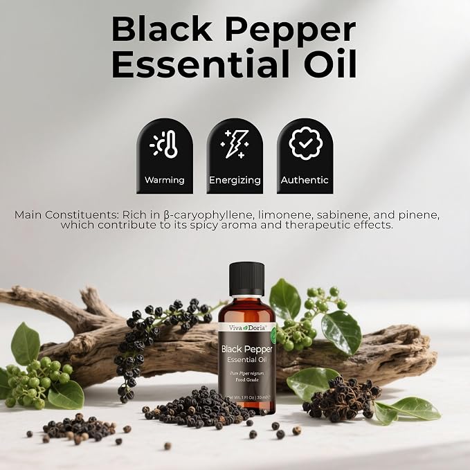Viva Doria Black Pepper Essential Oil, 100% Pure, Natural Essential Oil, Undiluted, for Aromatherapy | Food Grade, 30 mL (1 Fluid Ounce)