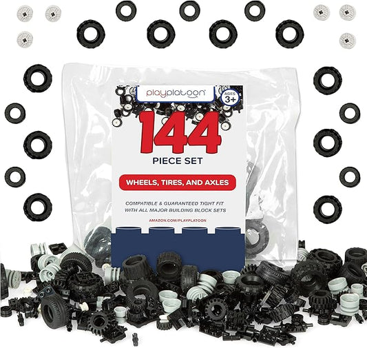 Play Platoon 144 Piece Wheels and Axles Sets, Building Bricks Car Parts and Pieces Kit - Car Building Set with Wheels, Axles & Windshields