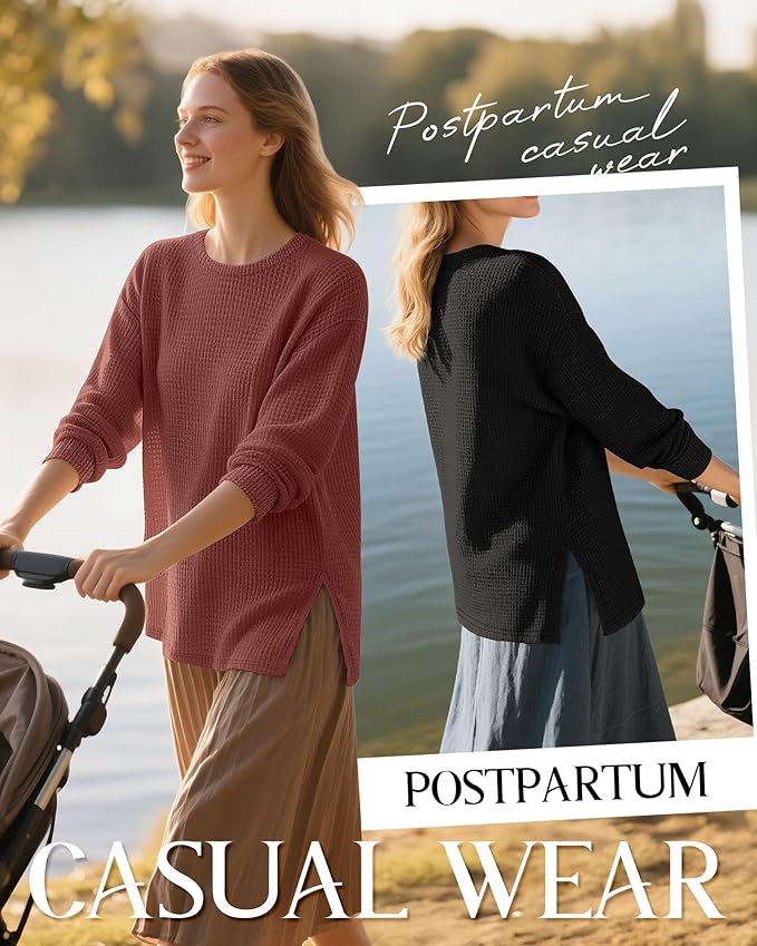 3 Pack Women's Maternity Shirts Long Sleeve Waffle Knit Side Split Oversized Tops Pregnancy Clothes Fall Tees