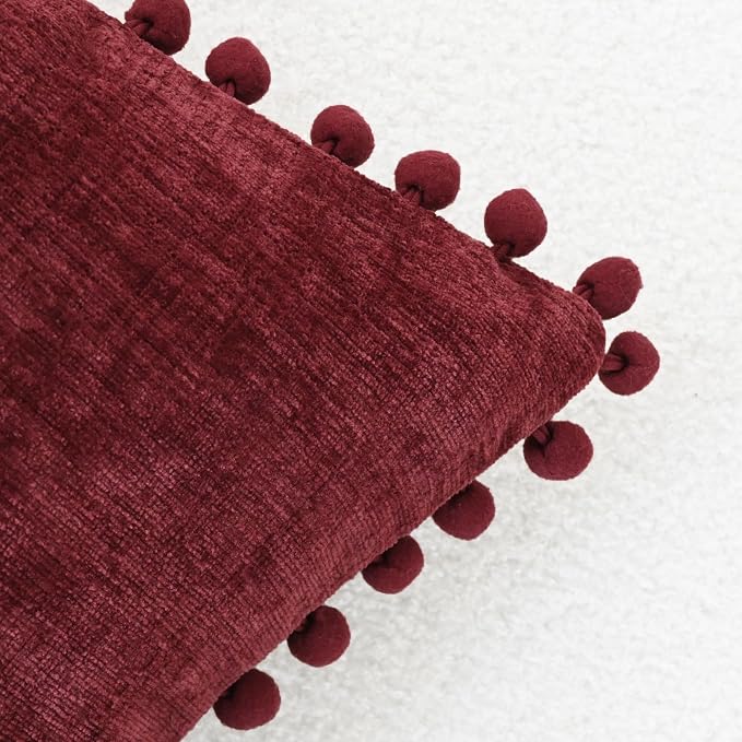CaliTime Decorative Couch Throw Pillow Covers 20 X 12 Inches Burgundy | Pack of 2, Cozy Chenille Cushion Cases, with Pom Poms for Sofa Bed Living Room Farmhouse Home