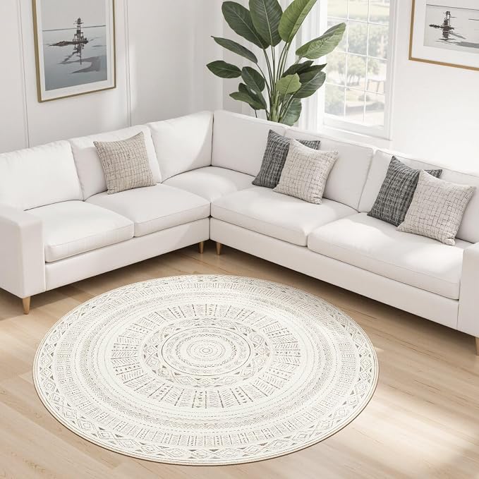 cotiled 5x5 Round Area Rugs Living Room Rug: Washable Boho Rugs with Non Slip Backing Large Soft Indoor Stain Resistant Carpet for Bedroom Farmhouse Dining Room Lightweight Home Decor L Brown/Cream
