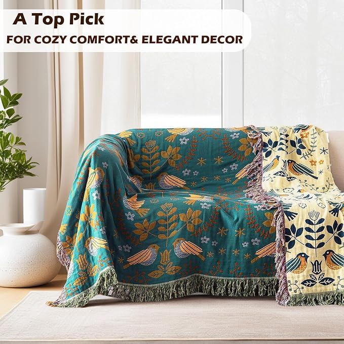 VANJOROY Boho Large Throw Blanket for Bed, 100% Muslin Cotton Soft Breathable Throw-Floral Bird Rustic Decor Blanket for Couch Sofa Quilt and Gift, 60" x 80"-Teal/Beige