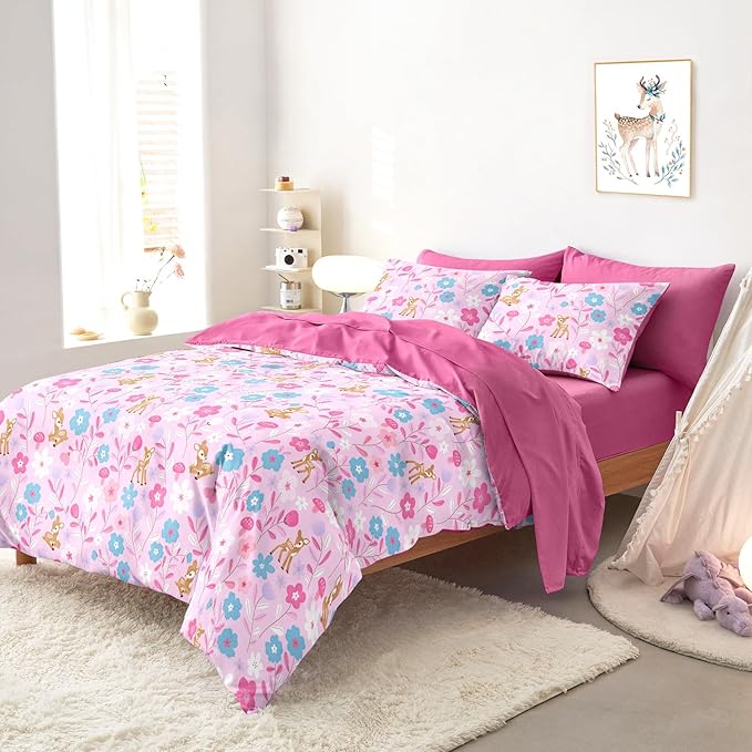 Wake In Cloud - Floral Bedding Set for Girls, Cute Colorful Botanical Flowers Deers Patterned Soft Lightweight Comforter Set with Sheets, 5 Pieces Kids Bed in a Bag, Pink, Twin Size