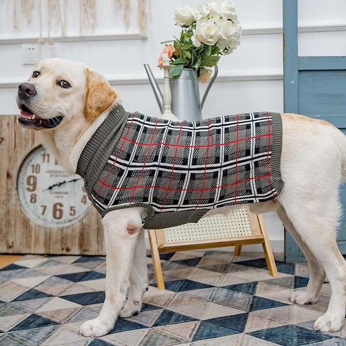 PUPTECK Dog Sweaters for Large Medium Small Dogs - Fall Classic Plaid Style Puppy Holiday Winter Coat Clothes Warm, Grey, ML