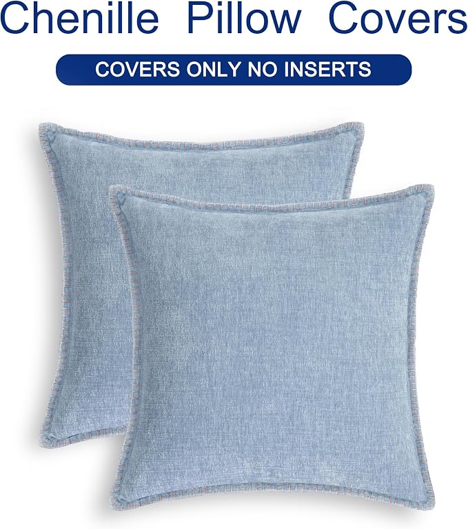 CaliTime Decorative Couch Throw Pillow Covers 18 X 18 Inches Baby Blue | Pack of 2, Cozy Chenille Cushion Cases, Cotton Thread Stitching Edges, for Sofa Bed Living Room Farmhouse