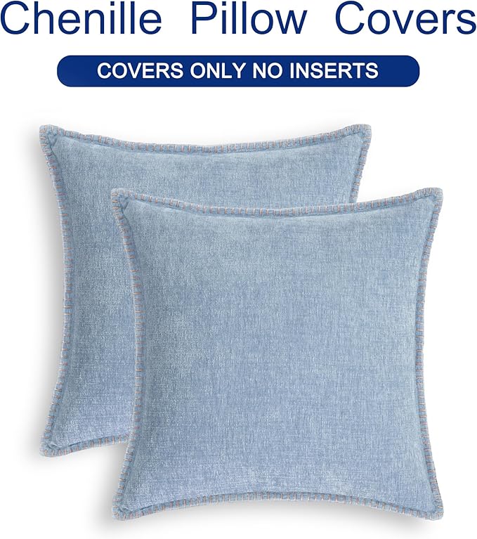 CaliTime Decorative Couch Throw Pillow Covers 22 X 22 Inches Baby Blue | Pack of 2, Cozy Chenille Cushion Cases, Cotton Thread Stitching Edges, for Sofa Bed Living Room Farmhouse
