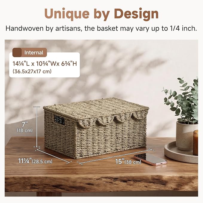 StorageWorks Scalloped Edge Wicker Basket, Seagrass Storage Baskets for Living Room, Bedroom, 15" L x 11 ¼" W x 7" H | Rattan Storage Baskets with Scalloped Edge, Basket with Lid Decorative Storage, Woven Wicker Basket for Living Room, Bedroom