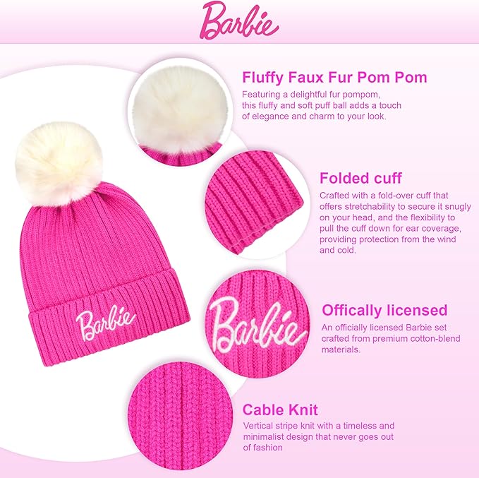 Barbie Winter Hat for Women – Winter Beanie Hats for Women with Gloves, Warm Beanie Hats, Pink Knitted Beanie