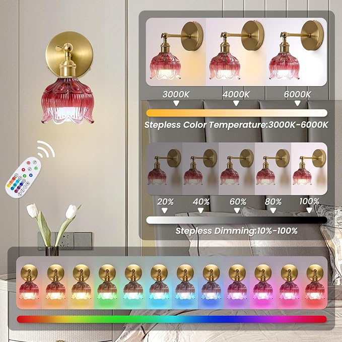 Vintage Battery Operated Wall Sconce: Set of 2 Red Flower Powered Sconces | 5000mAh Rose Glass Cordless Mounted Lighting, Rechargeable Dimmable Traditional Wireless Light Remote Control for Bedroom
