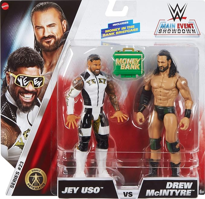 Mattel WWE Main Event Showdown Action Figures 2-Pack with Accessory, Series #23 Jey USO vs Drew McIntyre Collectible Set, 6-inch