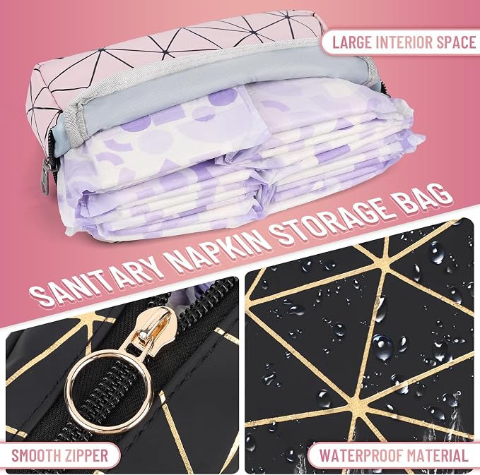 Tampon Holder for Purse Period Bag Waterproof Geometric PU Sanitary Napkin Storage Bag Portable Menstrual Cup Pad Pouch Cute Makeup Bag Feminine Gift Apricot Gold
