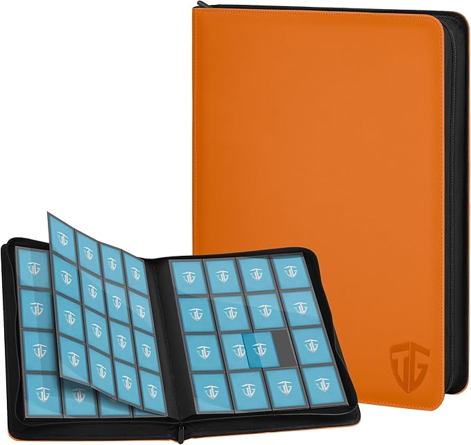 16 Pockets Trading Card Zipper Binder for 1000+ Cards| Secure Side Loading Pockets | Trading Card Album Folder | Compatible with YuGiOh, MTG,Sports Cards (Orange 16)