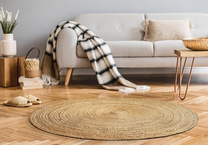 Hausattire Hand Woven Jute Braided Rug, 4’ Round – Natural, Reversible Boho Entry Area Rugs for Kitchen, Living Room I Farmhouse Decorative Floor Rug, 4 Feet Round