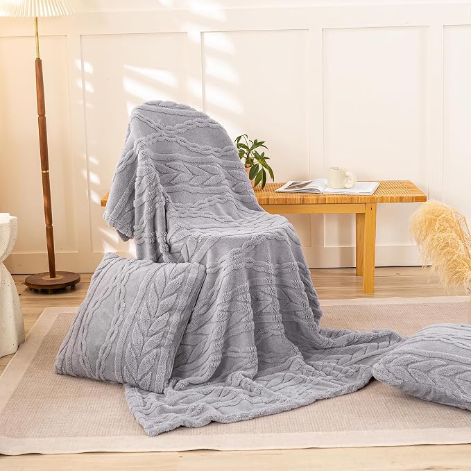YUSOKI Sherpa Fleece Large Throw Blanket, Light Grey, 50"x65" | 3D Stylish Design,320GSM, Non-Shedding, Lightweight for All Season Use, stays fluffy after repeated washes, Perfect Gifts